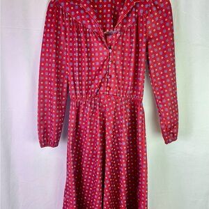 Vintage 1970s Sears Red Patterned Fit & Flare Long Sleeve Dress Size Small